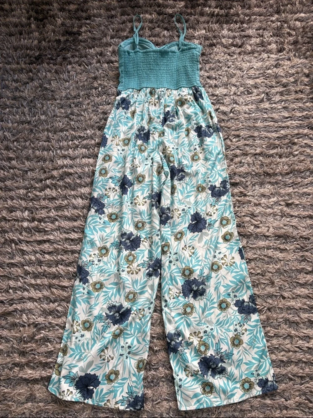 Women's Teal Bustier Floral Wide-Leg Jumpsuit Size S Cotton